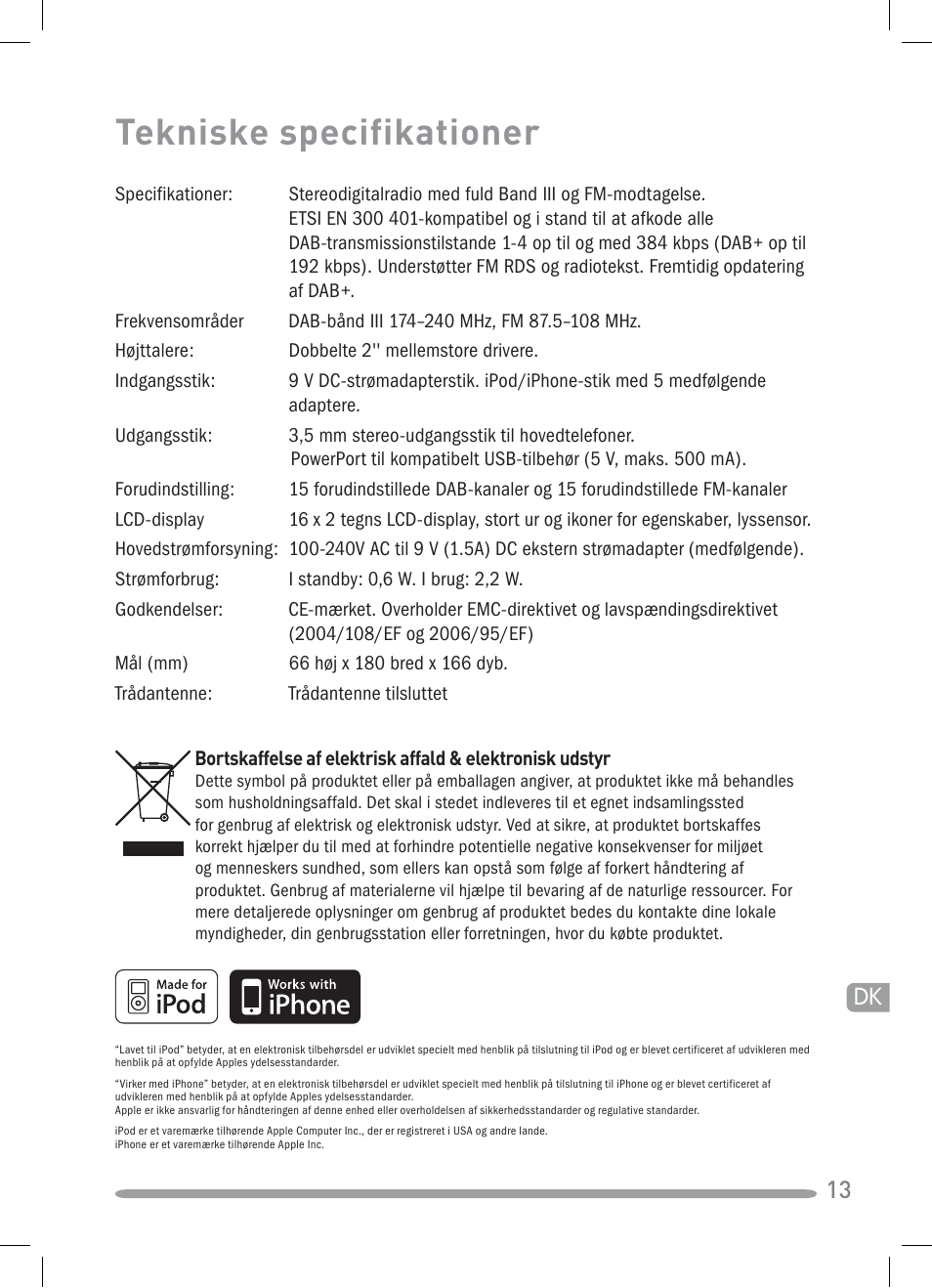 Tekniske specifikationer | Pure Siesta iDock User Manual | Page 71 / 88