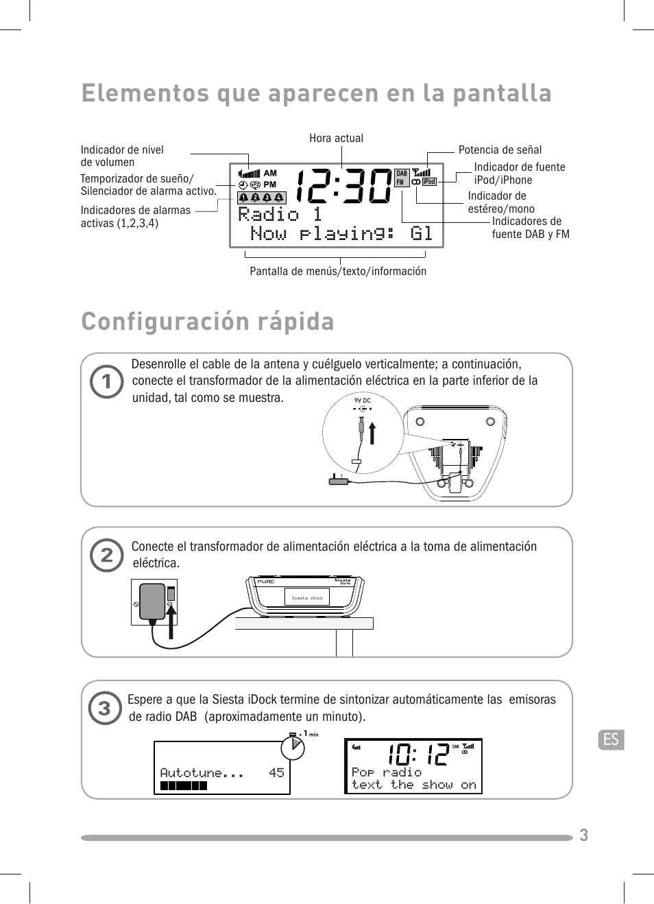Elementos que aparecen en la pantalla, Configuración rápida, Apsx^  =^f_[phx]v)6 | Pure Siesta iDock User Manual | Page 75 / 88