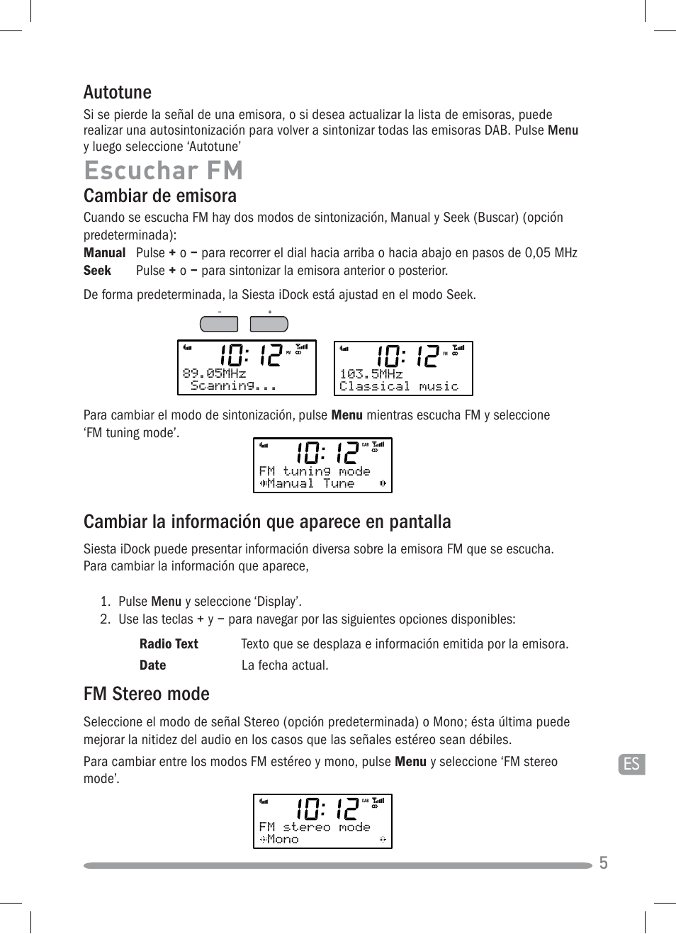 Escuchar fm, Cambiar de emisora, Fm stereo mode | Cambiar la información que aparece en pantalla, Autotune | Pure Siesta iDock User Manual | Page 77 / 88