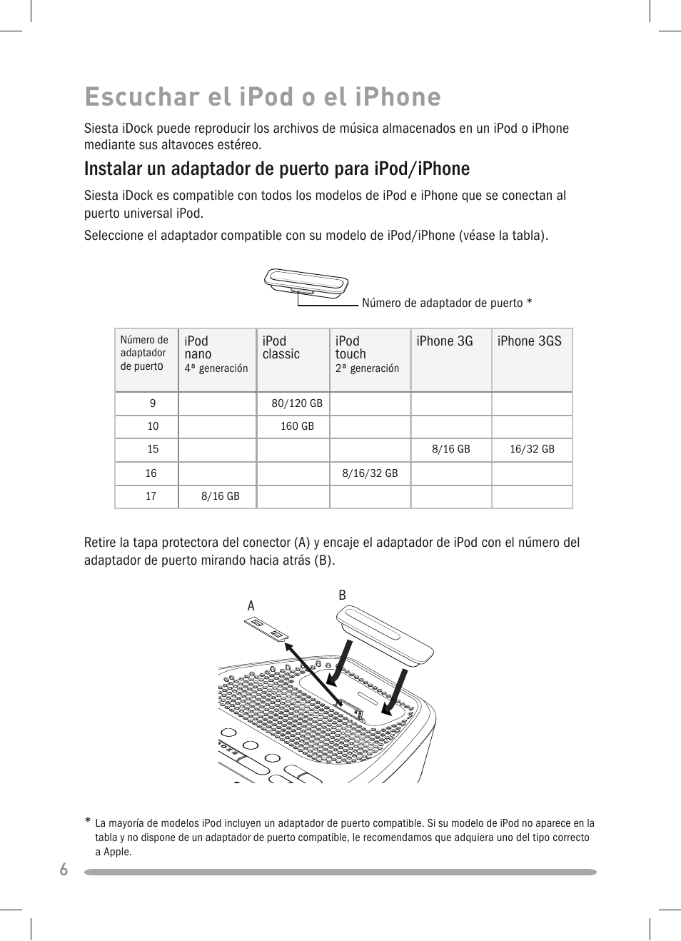 Escuchar el ipod o el iphone, Instalar un adaptador de puerto para ipod/iphone | Pure Siesta iDock User Manual | Page 78 / 88