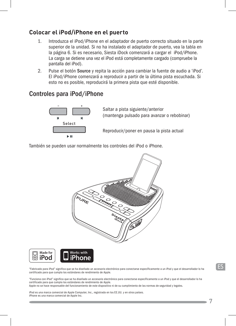 Controles para ipod/iphone, Colocar el ipod/iphone en el puerto | Pure Siesta iDock User Manual | Page 79 / 88