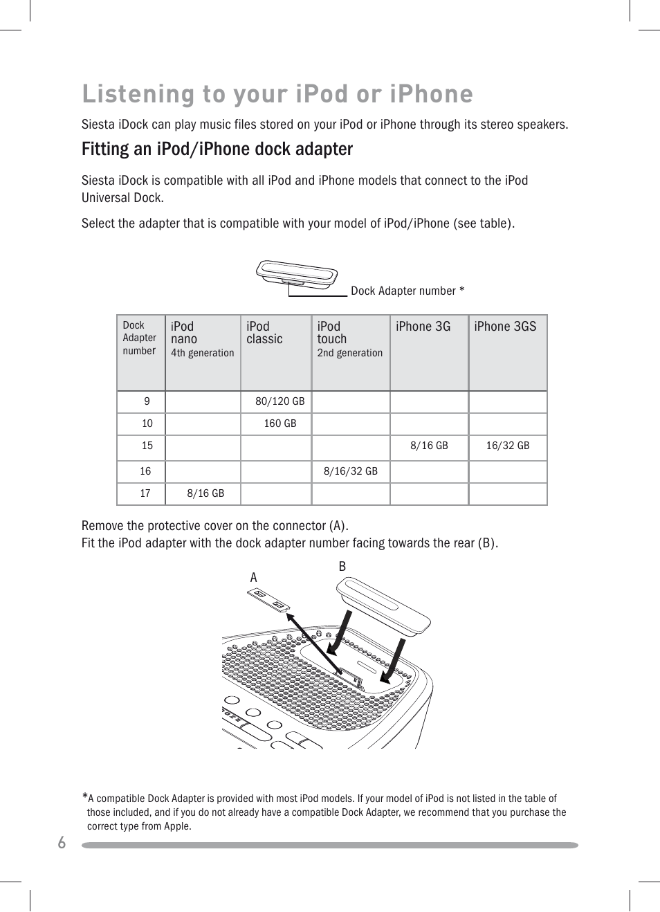 Listening to your ipod or iphone, Fitting an ipod/iphone dock adapter | Pure Siesta iDock User Manual | Page 8 / 88