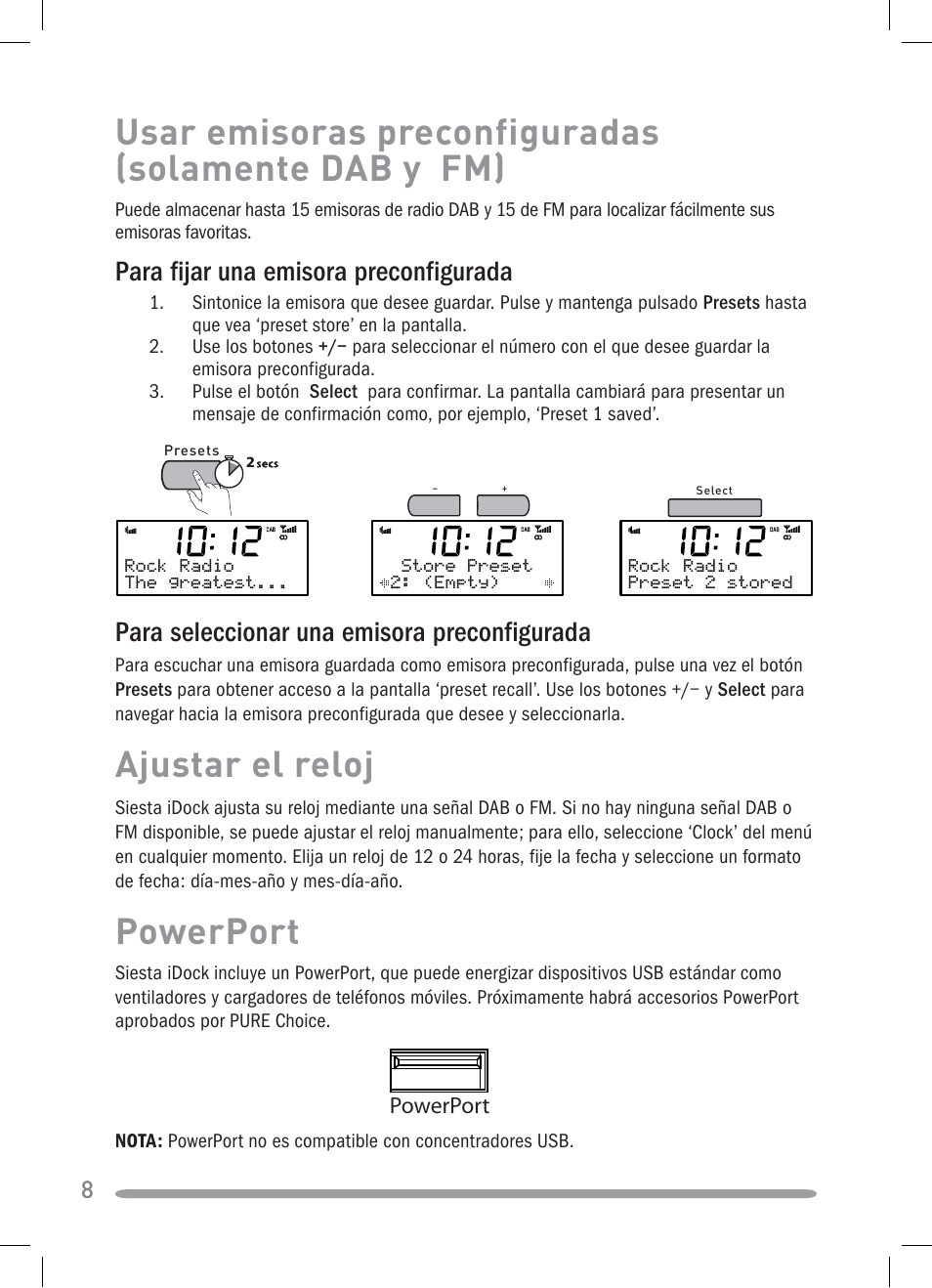 Usar emisoras preconfiguradas (solamente dab y fm), Ajustar el reloj, Powerport | Para seleccionar una emisora preconfigurada, Para fijar una emisora preconfigurada | Pure Siesta iDock User Manual | Page 80 / 88