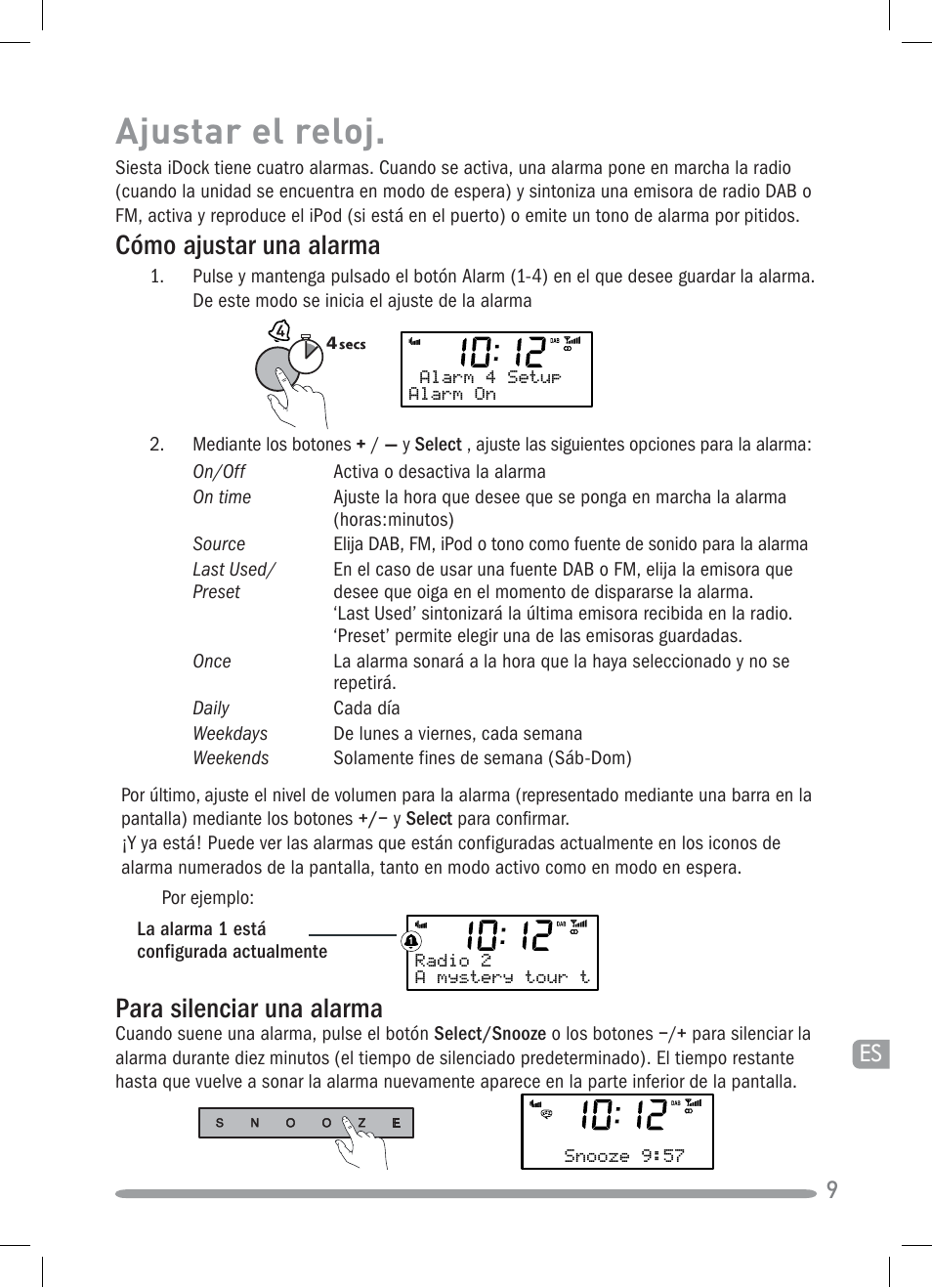 Ajustar el reloj, Para silenciar una alarma, Cómo ajustar una alarma | Pure Siesta iDock User Manual | Page 81 / 88