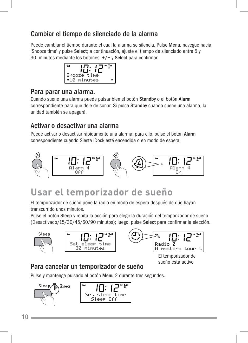 Usar el temporizador de sueño, Cambiar el tiempo de silenciado de la alarma, Para cancelar un temporizador de sueño | Para parar una alarma, Activar o desactivar una alarma | Pure Siesta iDock User Manual | Page 82 / 88