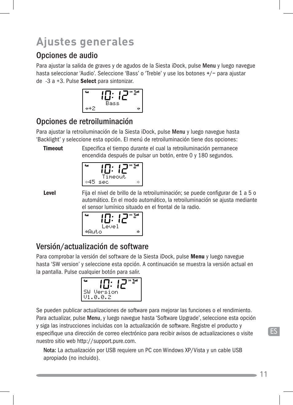 Ajustes generales, Opciones de audio, Opciones de retroiluminación | Versión/actualización de software | Pure Siesta iDock User Manual | Page 83 / 88