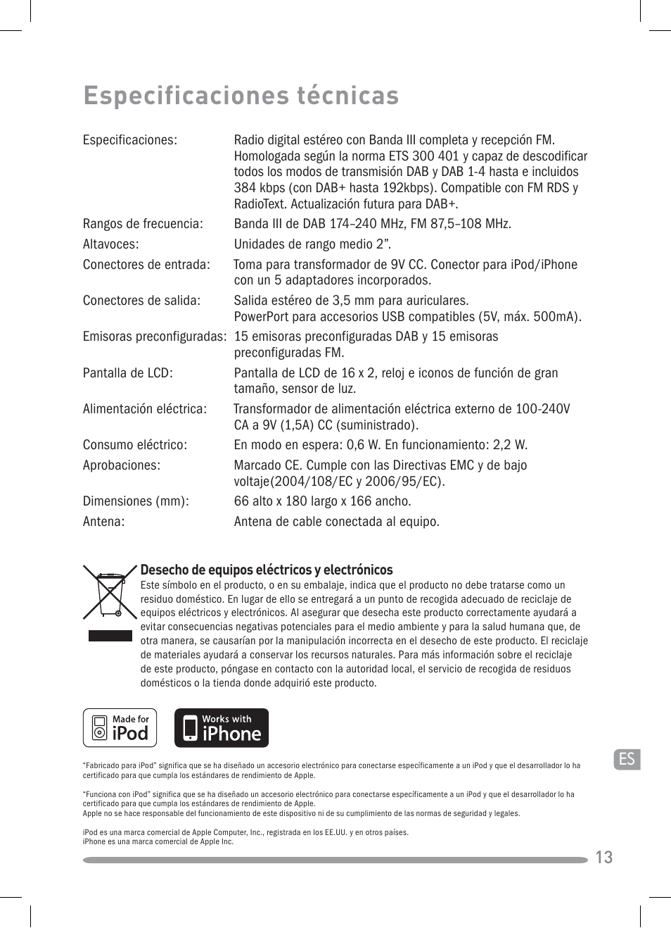 Especificaciones técnicas | Pure Siesta iDock User Manual | Page 85 / 88
