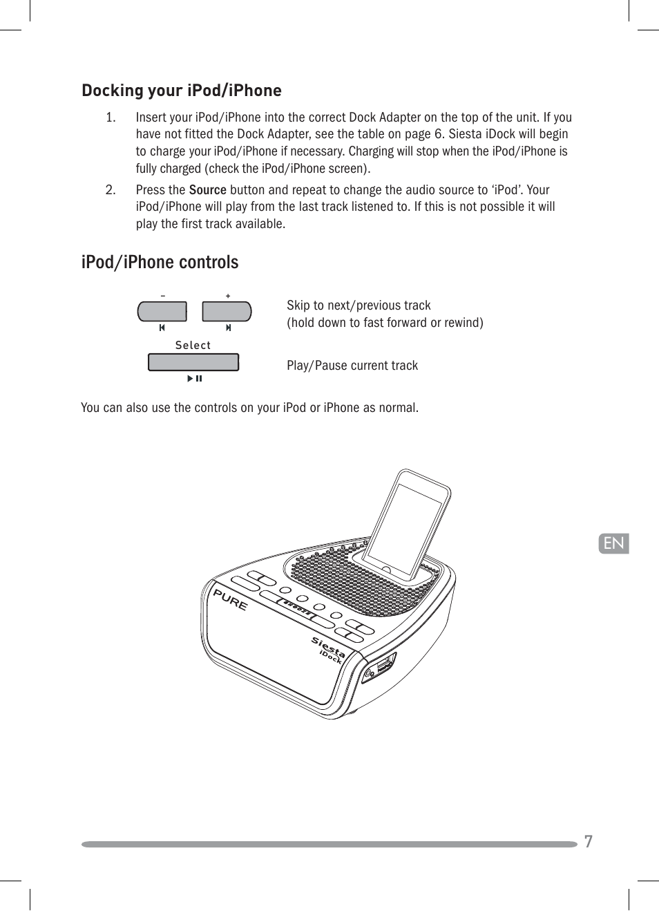 Ipod/iphone controls, Docking your ipod/iphone | Pure Siesta iDock User Manual | Page 9 / 88