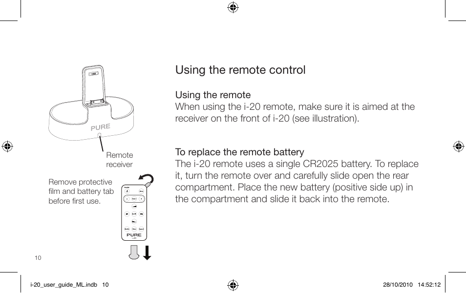 Using the remote control | Pure i-20 User Manual | Page 10 / 88