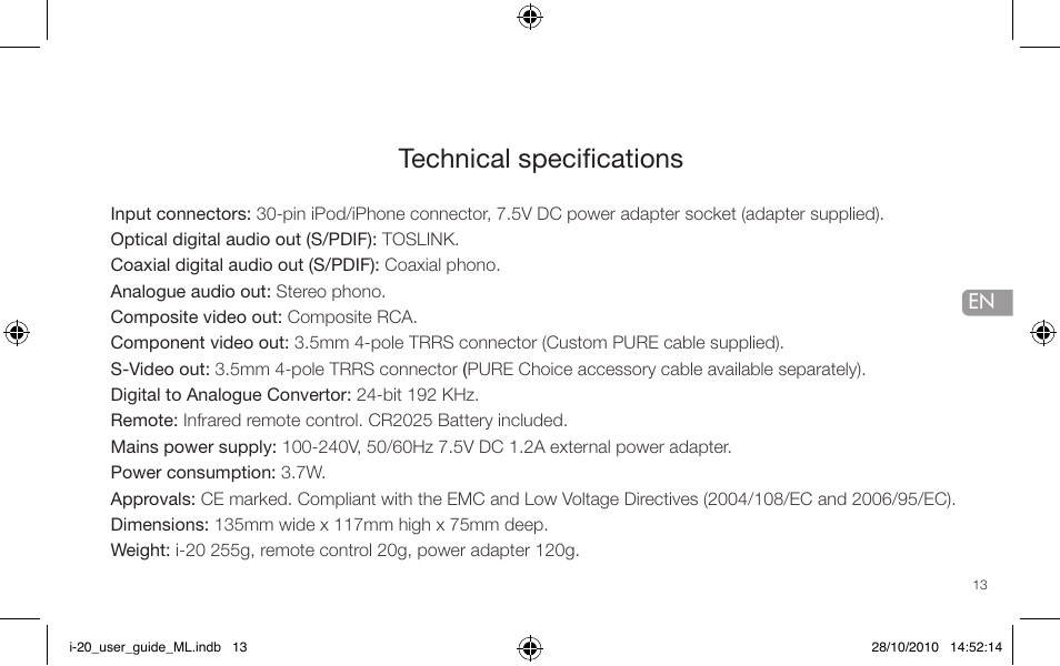 Technical specifications | Pure i-20 User Manual | Page 13 / 88