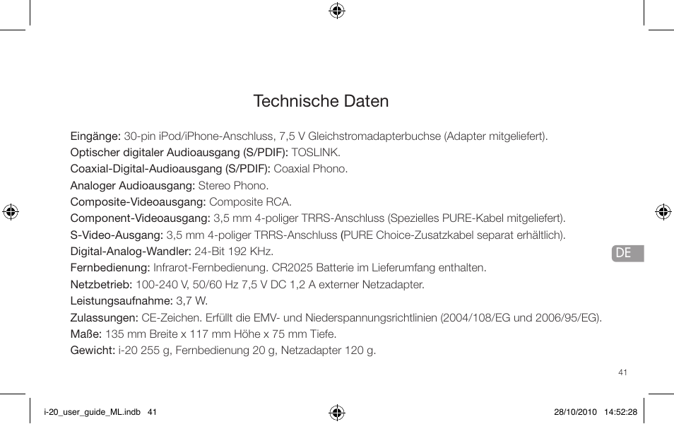Technische daten | Pure i-20 User Manual | Page 41 / 88