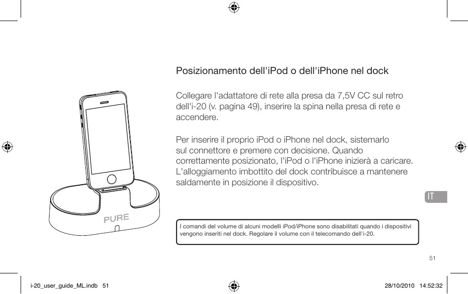 Posizionamento dell'ipod o dell'iphone nel dock | Pure i-20 User Manual | Page 51 / 88