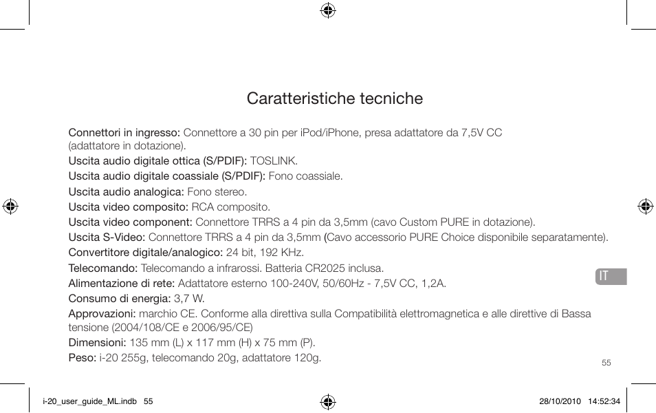 Caratteristiche tecniche | Pure i-20 User Manual | Page 55 / 88