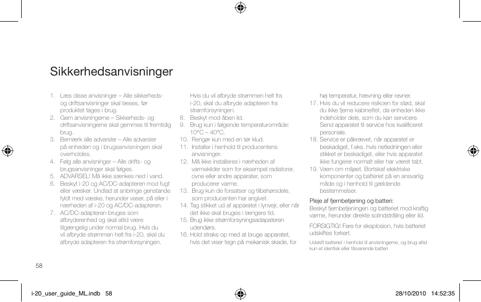 Sikkerhedsanvisninger | Pure i-20 User Manual | Page 58 / 88