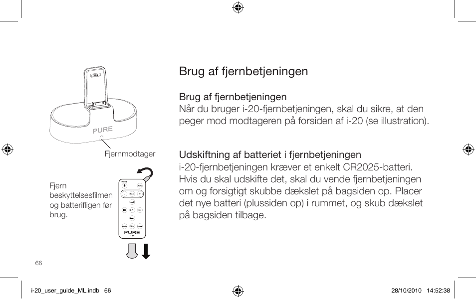 Brug af fjernbetjeningen | Pure i-20 User Manual | Page 66 / 88