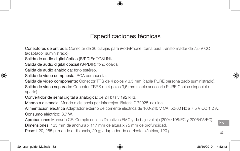 Especificaciones técnicas | Pure i-20 User Manual | Page 83 / 88