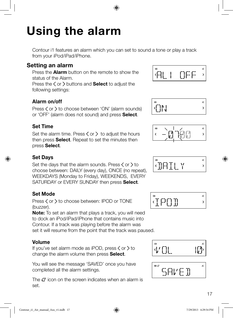 Using the alarm, Ipod, On saved | Daily | Pure Contour i1 Air User Manual | Page 19 / 28