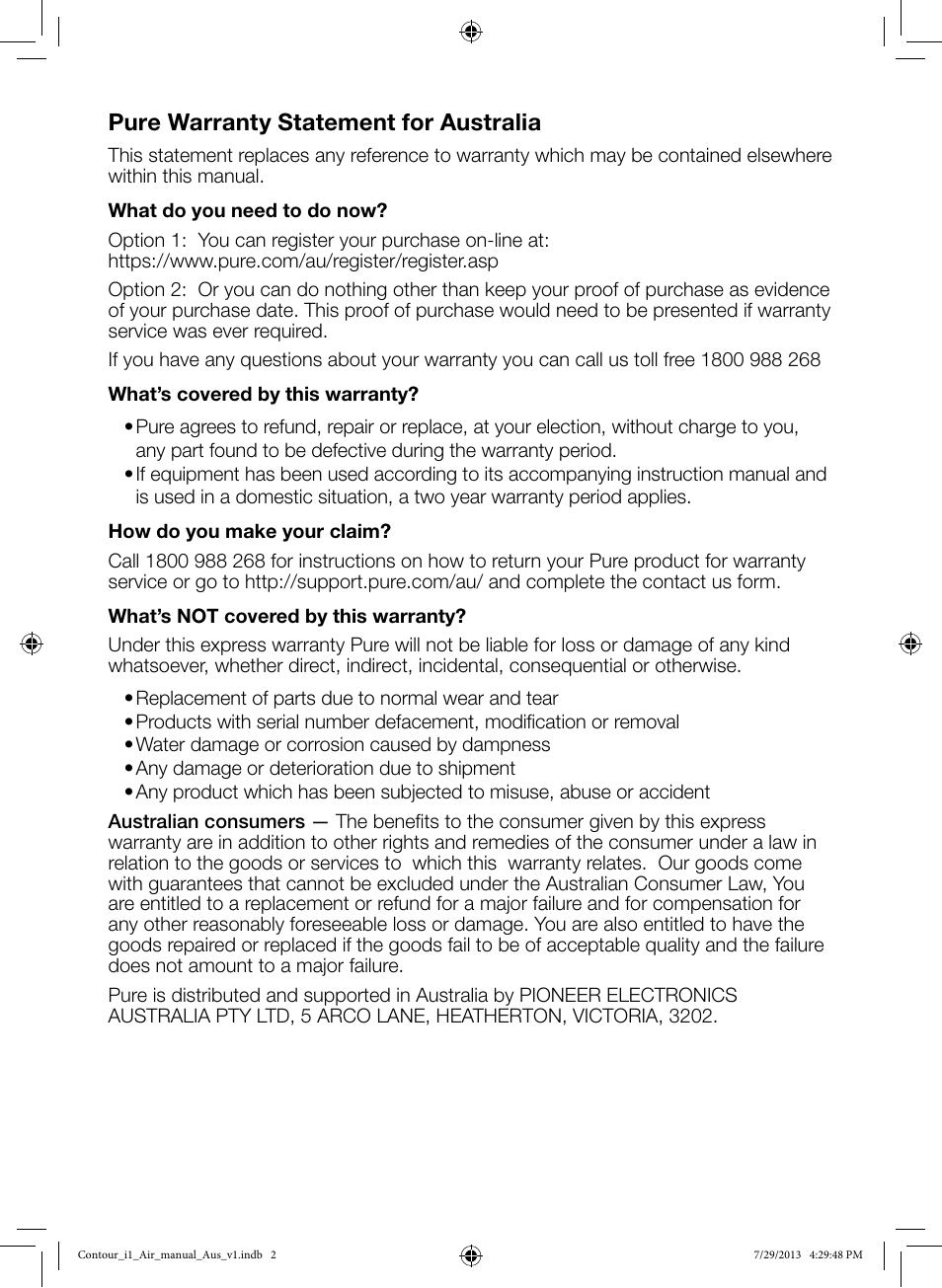 Pure warranty statement for australia | Pure Contour i1 Air User Manual | Page 2 / 28