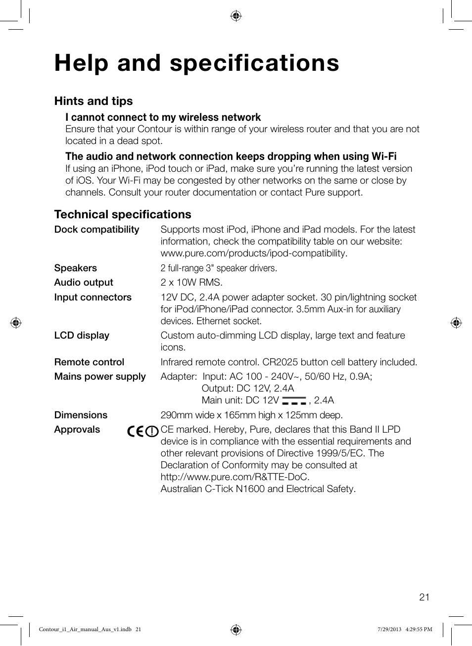 Help and specifications, Hints and tips, Technical specifications | Pure Contour i1 Air User Manual | Page 23 / 28
