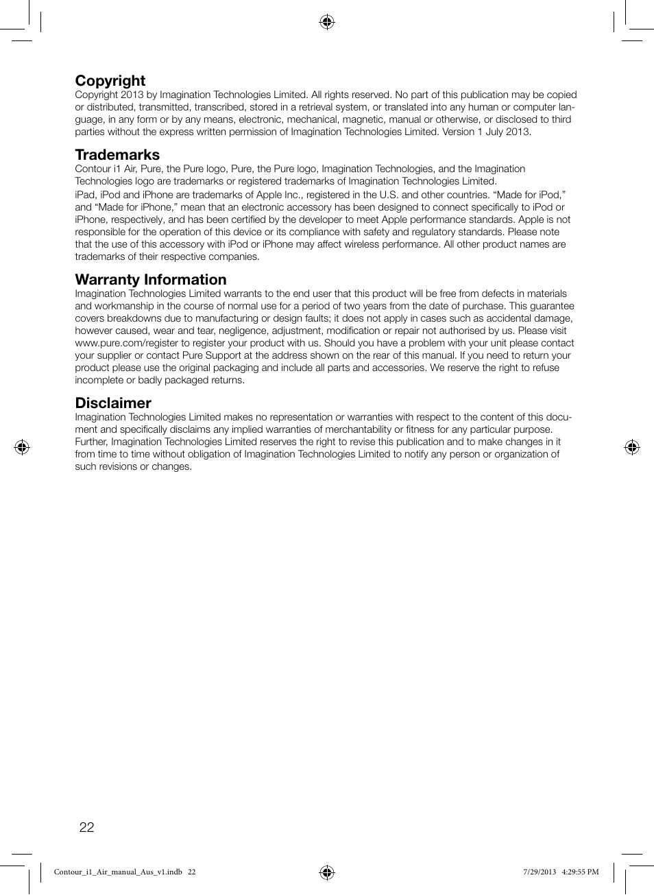 Copyright, Trademarks, Warranty information | Disclaimer | Pure Contour i1 Air User Manual | Page 24 / 28