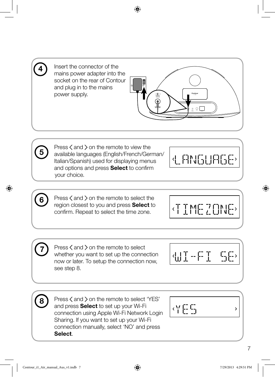 Timezone, Wi-fi se, Language | Pure Contour i1 Air User Manual | Page 9 / 28
