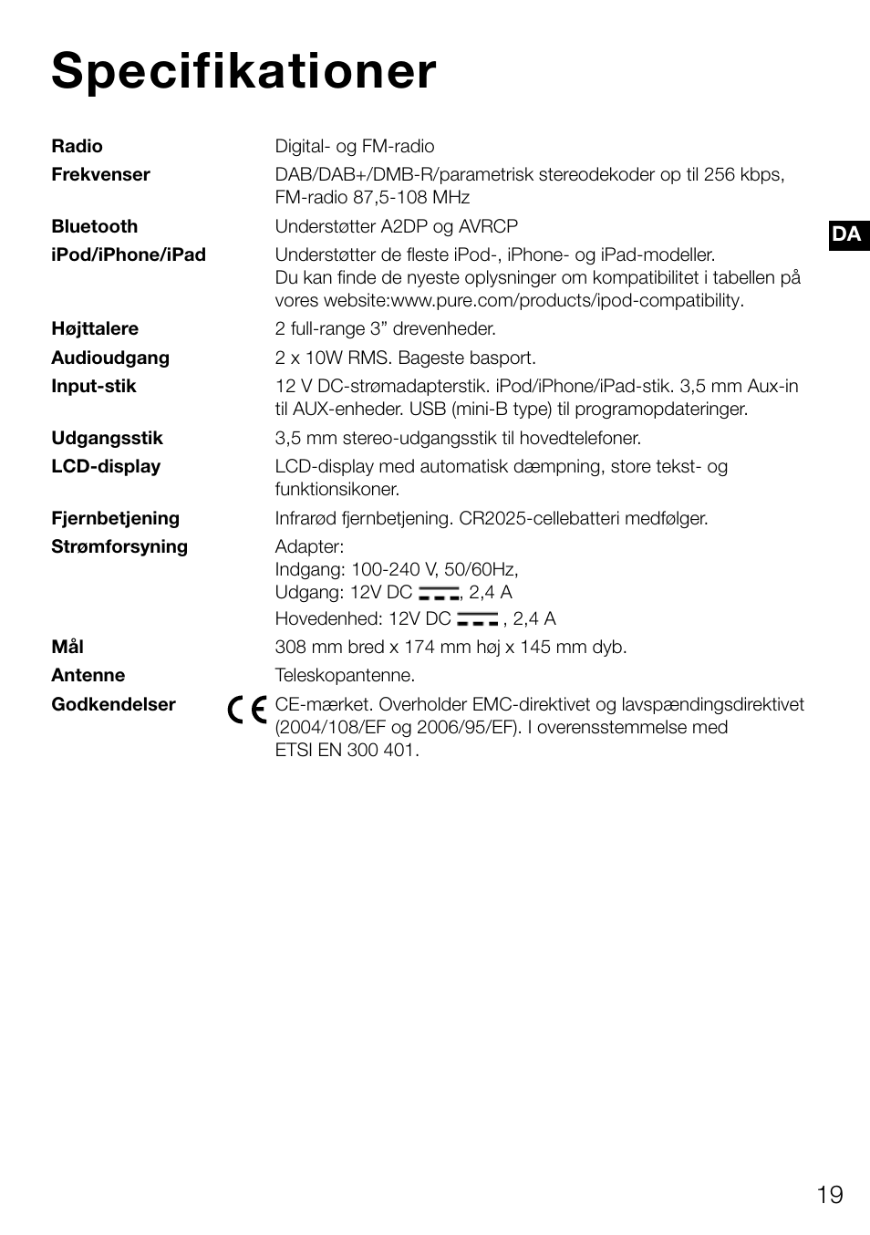 Specifikationer | Pure Contour D1 User Manual | Page 101 / 124