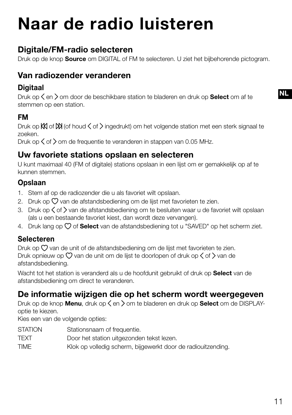 Naar de radio luisteren, Digitale/fm­radio selecteren, Van radiozender veranderen | Uw favoriete stations opslaan en selecteren | Pure Contour D1 User Manual | Page 113 / 124