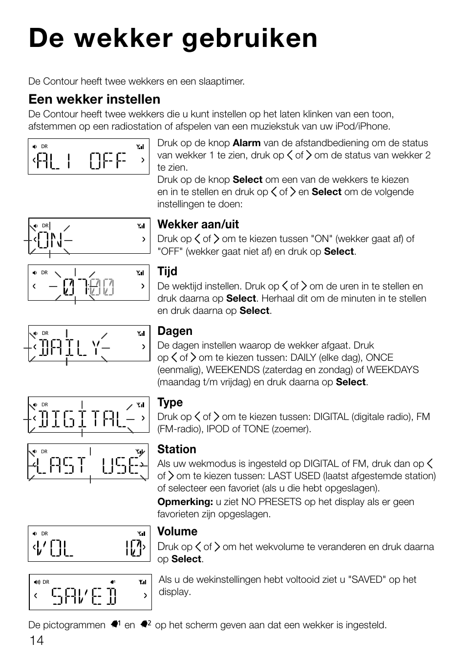 De wekker gebruiken, Daily, Saved | Last use, Digital, Een wekker instellen | Pure Contour D1 User Manual | Page 116 / 124