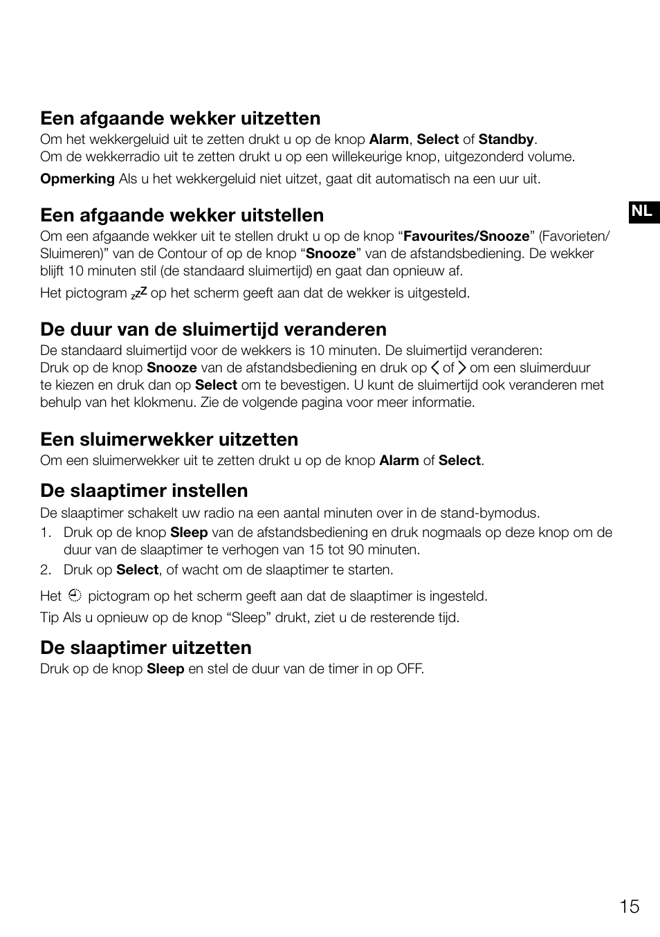 Een afgaande wekker uitzetten, Een afgaande wekker uitstellen, De duur van de sluimertijd veranderen | Een sluimerwekker uitzetten, De slaaptimer instellen, De slaaptimer uitzetten | Pure Contour D1 User Manual | Page 117 / 124