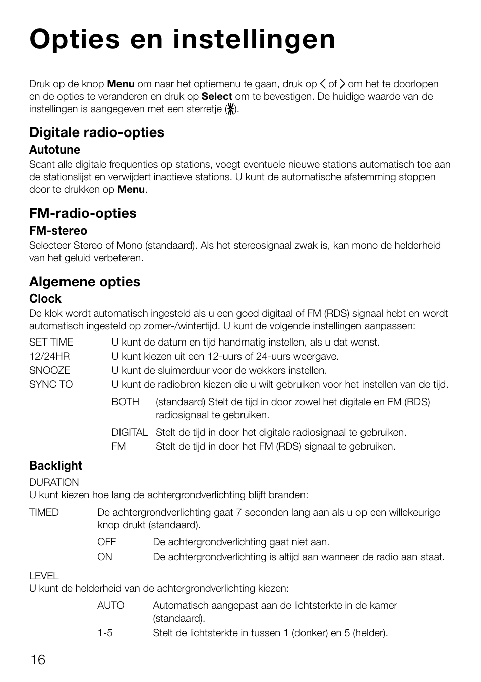 Opties en instellingen, Digitale radio­opties, Fm­radio­opties | Algemene opties | Pure Contour D1 User Manual | Page 118 / 124