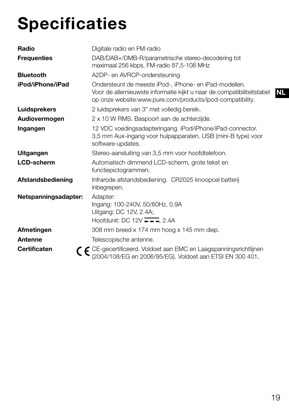 Specificaties | Pure Contour D1 User Manual | Page 121 / 124