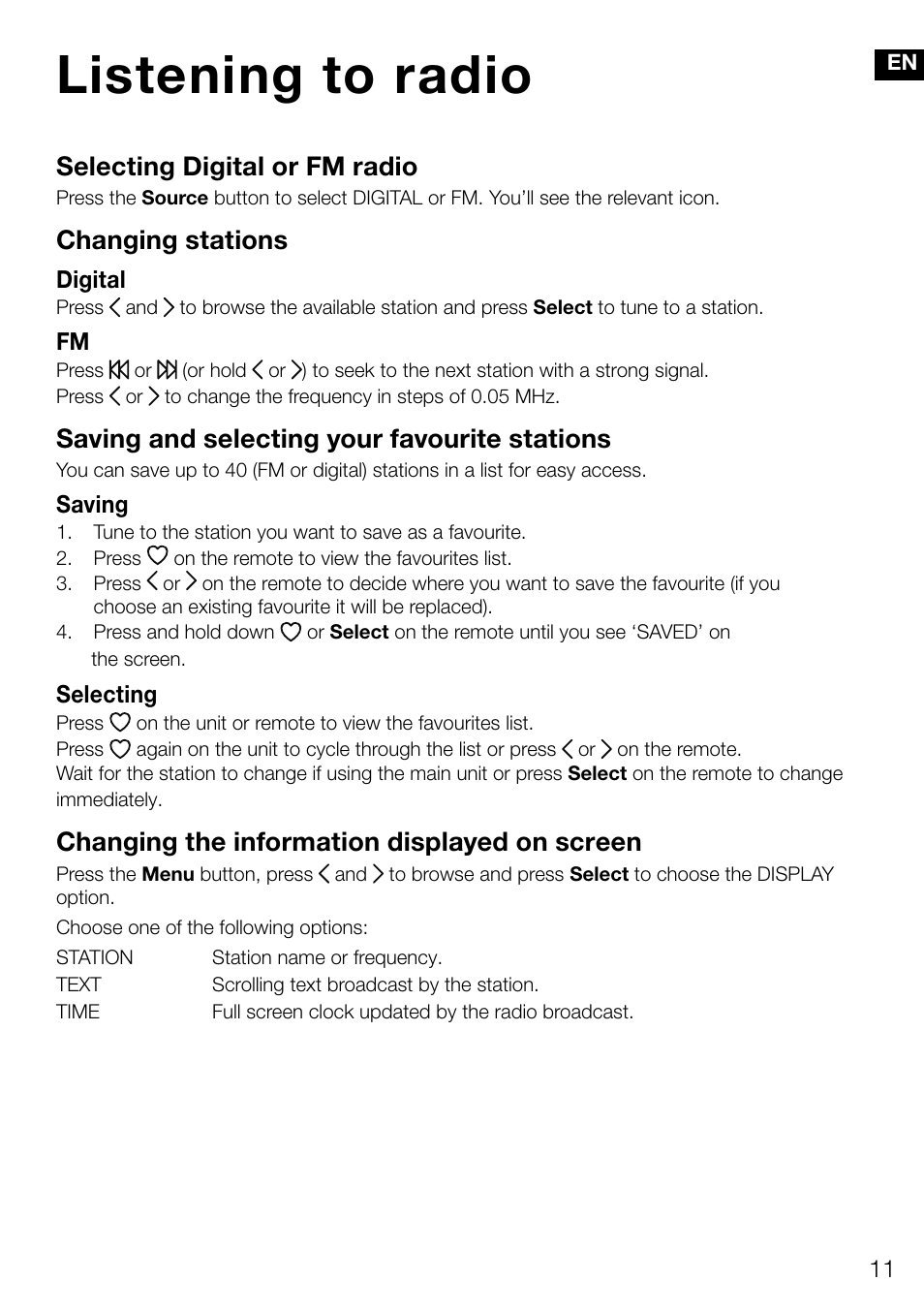 Listening to radio, Selecting digital or fm radio, Changing stations | Saving and selecting your favourite stations, Changing the information displayed on screen | Pure Contour D1 User Manual | Page 13 / 124