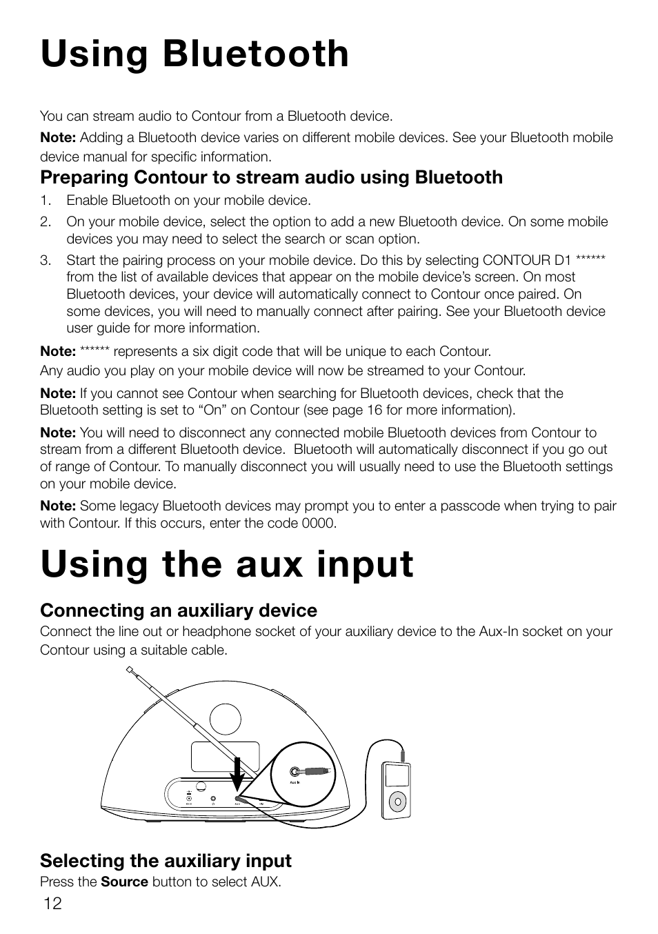 Using the aux input, Using bluetooth | Pure Contour D1 User Manual | Page 14 / 124