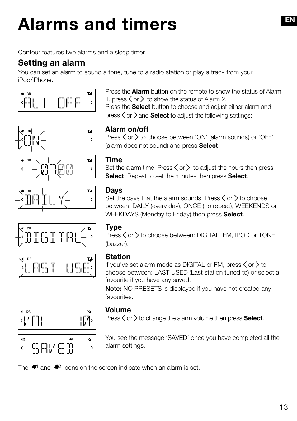 Alarms and timers, Daily, Saved | Last use, Digital, Setting an alarm | Pure Contour D1 User Manual | Page 15 / 124