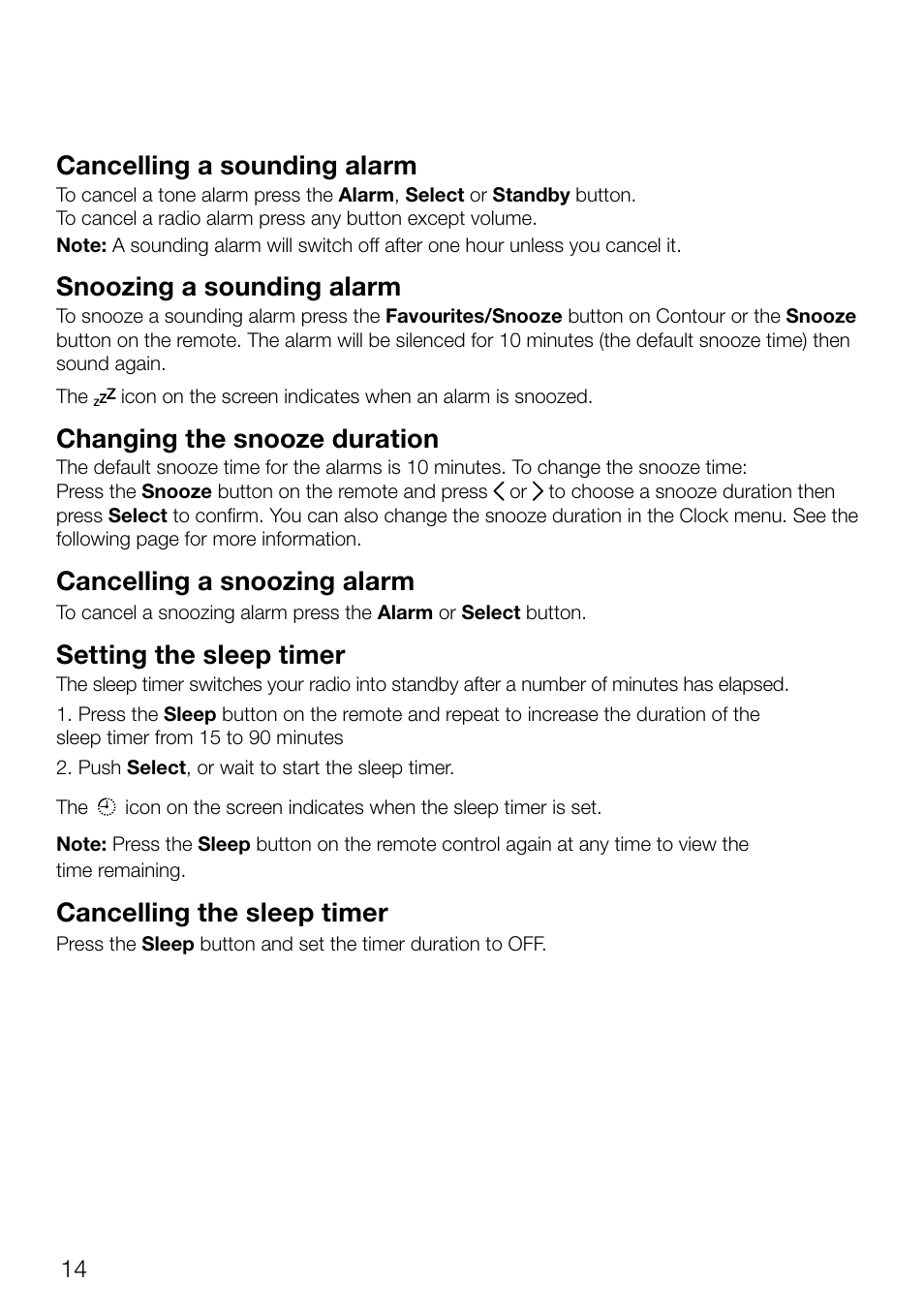 Cancelling a sounding alarm, Snoozing a sounding alarm, Changing the snooze duration | Cancelling a snoozing alarm, Setting the sleep timer, Cancelling the sleep timer | Pure Contour D1 User Manual | Page 16 / 124