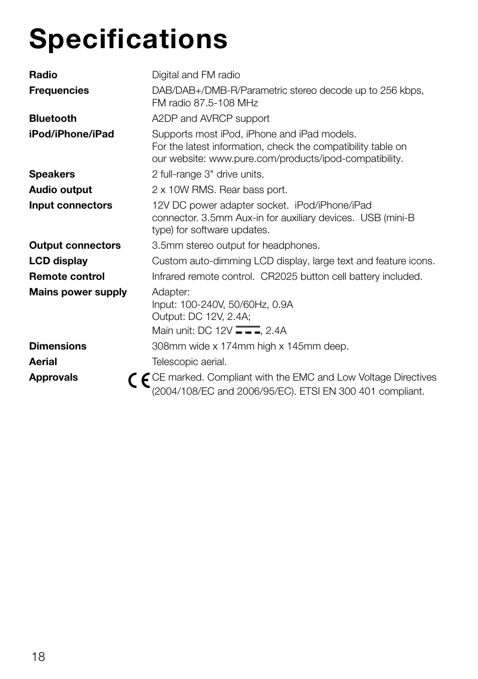 Specifications | Pure Contour D1 User Manual | Page 20 / 124