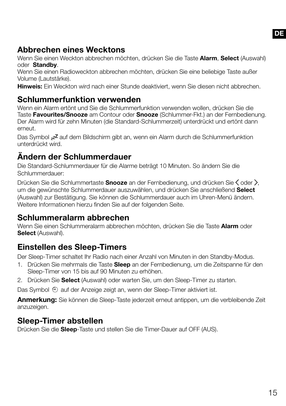 Abbrechen eines wecktons, Schlummerfunktion verwenden, Ändern der schlummerdauer | Schlummeralarm abbrechen, Einstellen des sleep­timers, Sleep­timer abstellen | Pure Contour D1 User Manual | Page 37 / 124