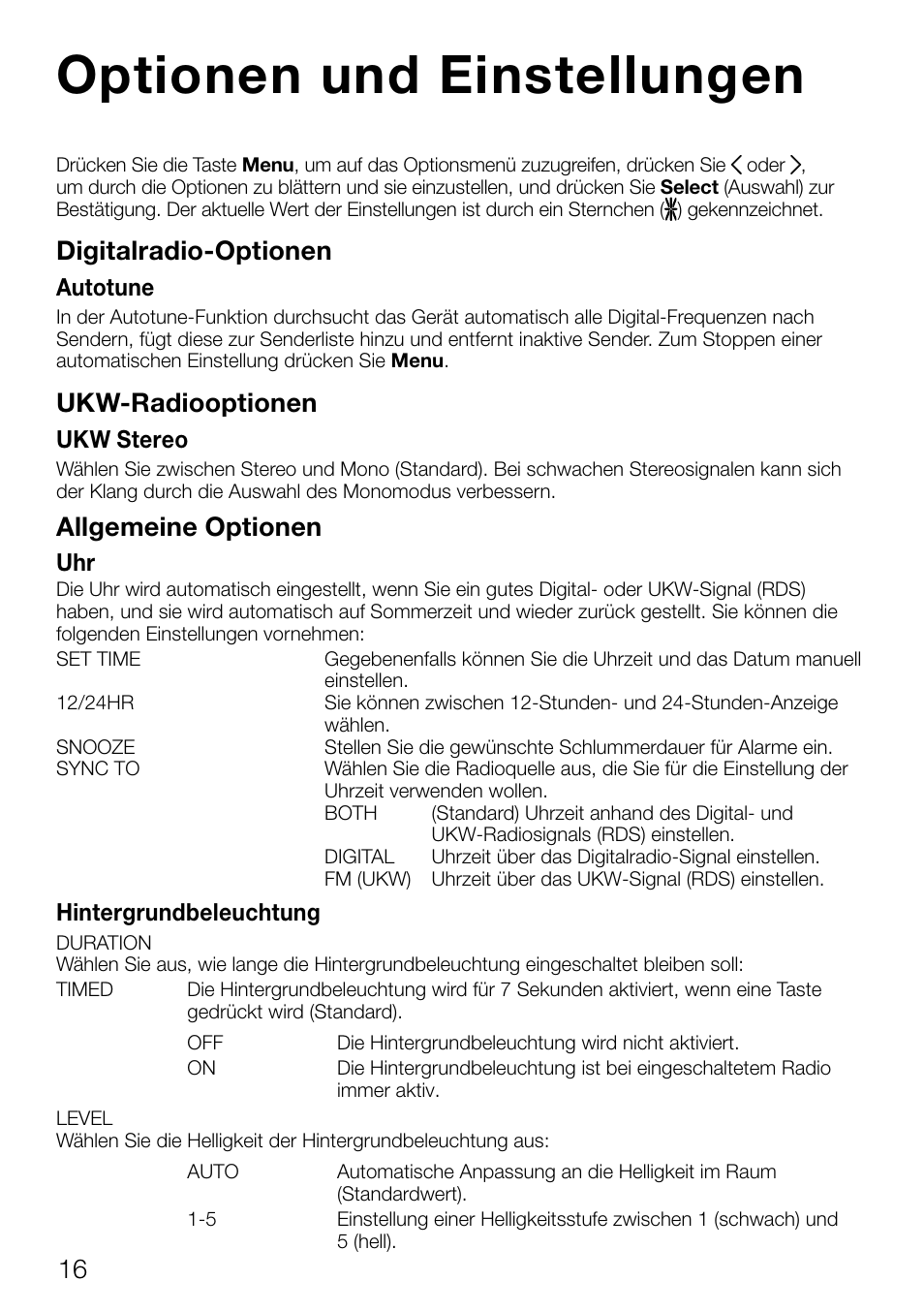 Optionen und einstellungen, Digitalradio­optionen, Ukw­radiooptionen | Allgemeine optionen | Pure Contour D1 User Manual | Page 38 / 124