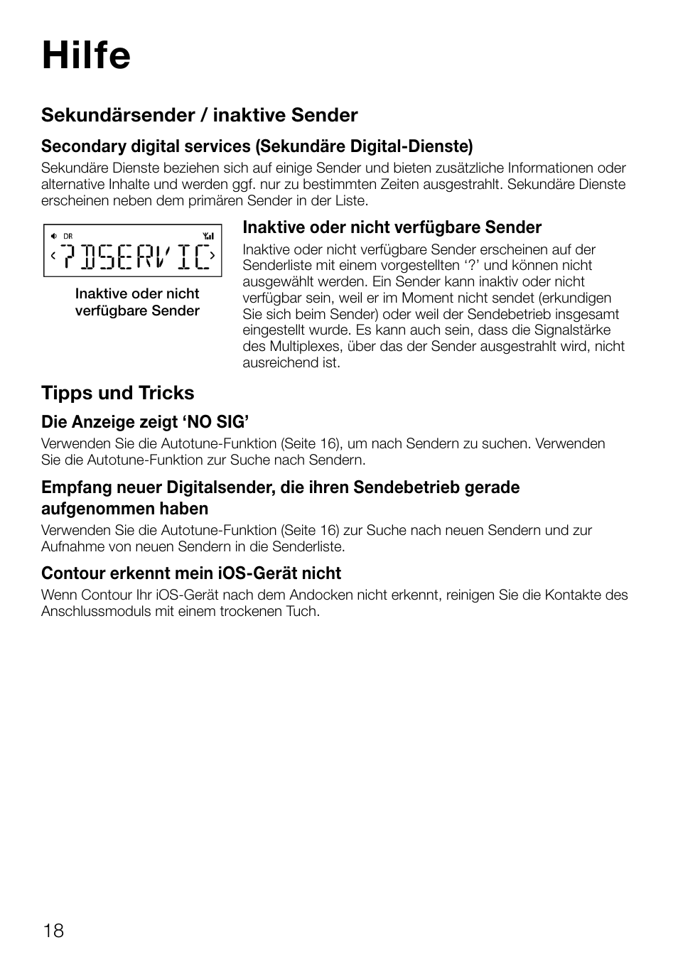 Hilfe, Sekundärsender / inaktive sender, Tipps und tricks | Pure Contour D1 User Manual | Page 40 / 124