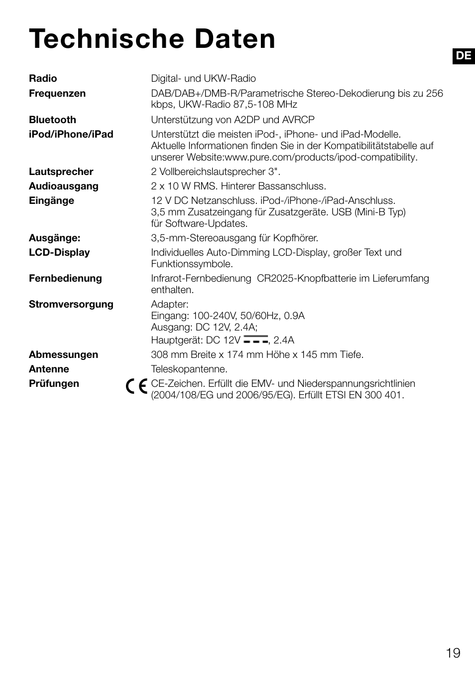 Technische daten | Pure Contour D1 User Manual | Page 41 / 124