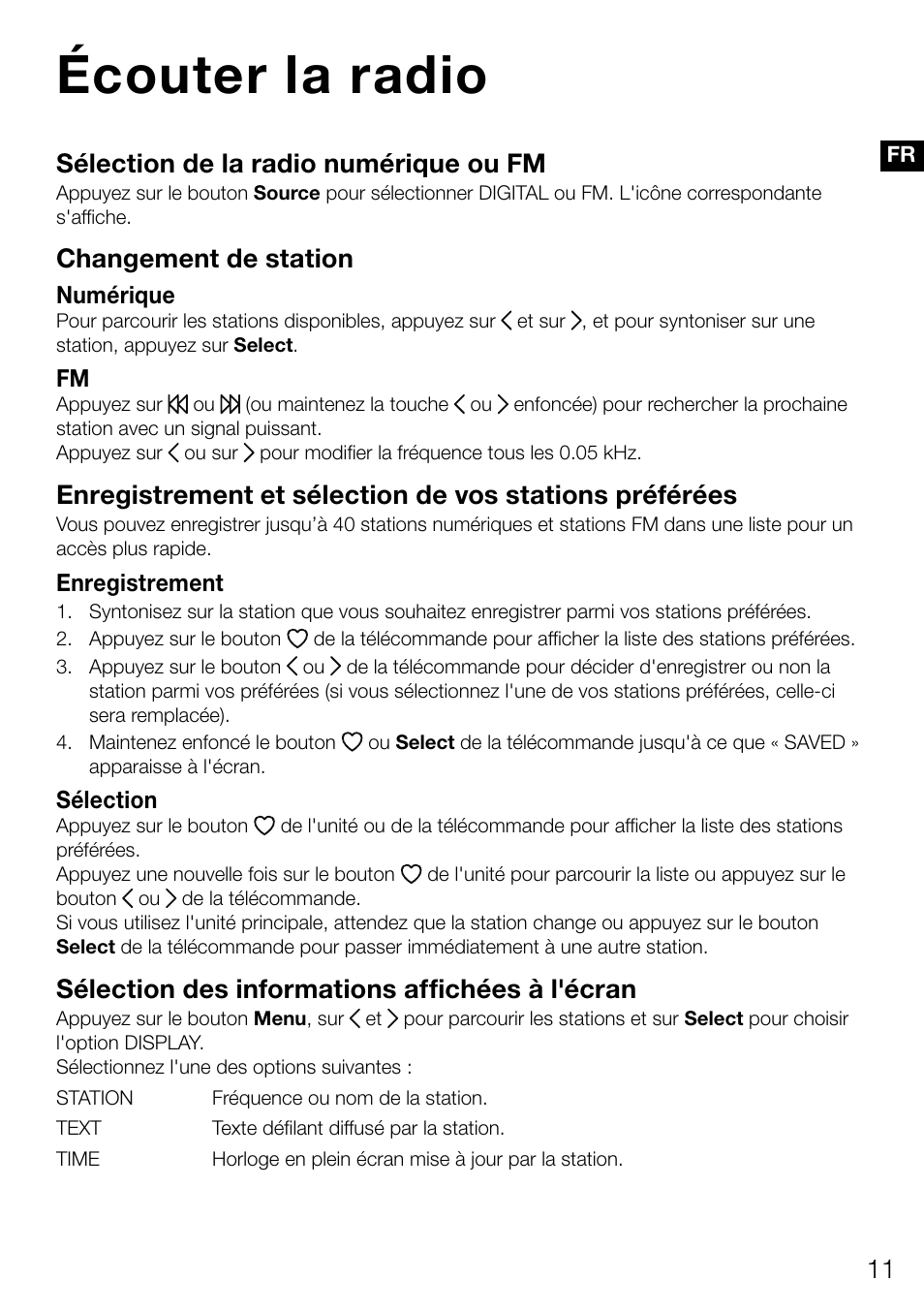 Écouter la radio, Sélection de la radio numérique ou fm, Changement de station | Sélection des informations affichées à l'écran | Pure Contour D1 User Manual | Page 53 / 124