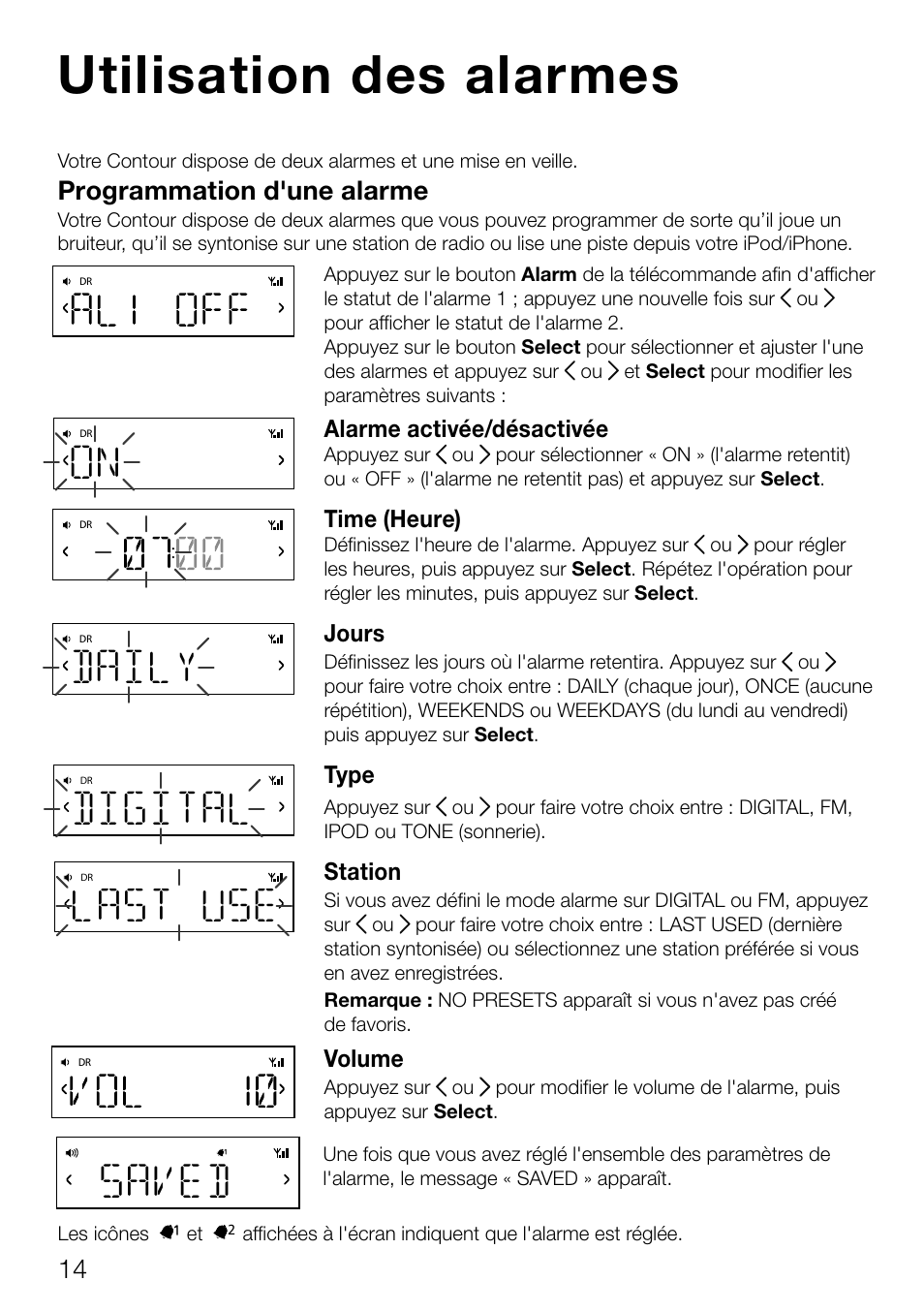 Utilisation des alarmes, Daily, Saved | Last use, Digital, Programmation d'une alarme | Pure Contour D1 User Manual | Page 56 / 124