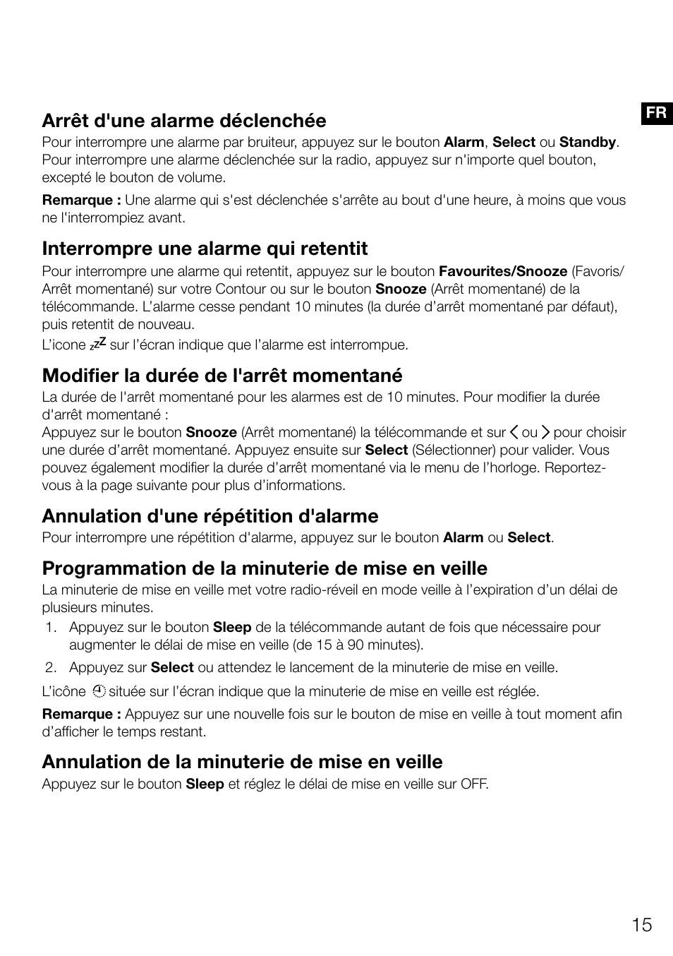 Arrêt d'une alarme déclenchée, Interrompre une alarme qui retentit, Modifier la durée de l'arrêt momentané | Annulation d'une répétition d'alarme, Programmation de la minuterie de mise en veille, Annulation de la minuterie de mise en veille | Pure Contour D1 User Manual | Page 57 / 124