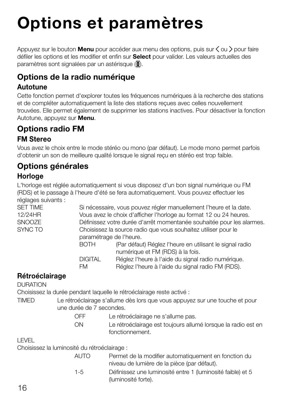 Options et paramètres, Options de la radio numérique, Options radio fm | Options générales | Pure Contour D1 User Manual | Page 58 / 124