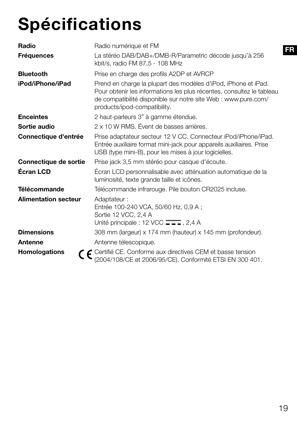 Spécifications | Pure Contour D1 User Manual | Page 61 / 124
