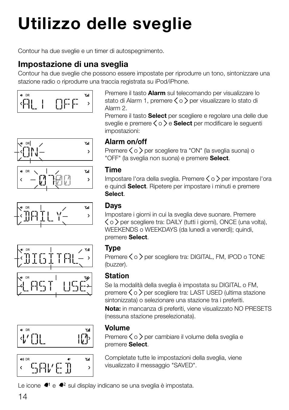 Utilizzo delle sveglie, Daily, Saved | Last use, Digital, Impostazione di una sveglia | Pure Contour D1 User Manual | Page 76 / 124
