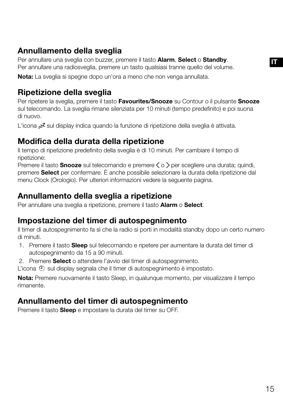 Annullamento della sveglia, Ripetizione della sveglia, Modifica della durata della ripetizione | Annullamento della sveglia a ripetizione, Impostazione del timer di autospegnimento, Annullamento del timer di autospegnimento | Pure Contour D1 User Manual | Page 77 / 124