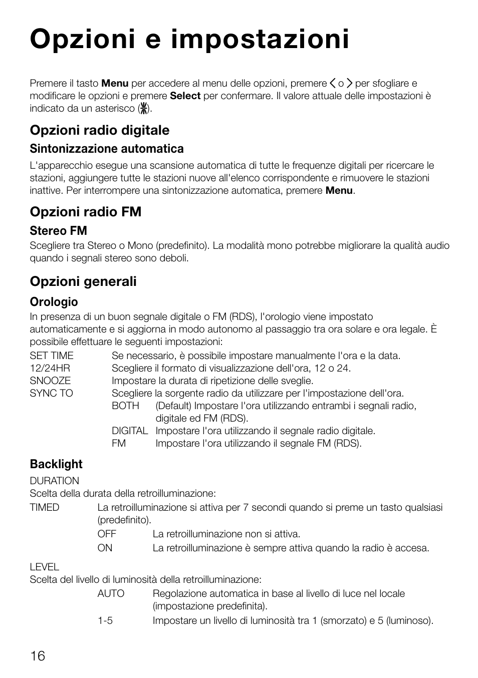 Opzioni e impostazioni, Opzioni radio digitale, Opzioni radio fm | Opzioni generali | Pure Contour D1 User Manual | Page 78 / 124