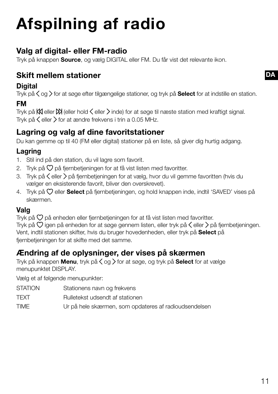 Afspilning af radio, Valg af digital­ eller fm­radio, Skift mellem stationer | Lagring og valg af dine favoritstationer, Ændring af de oplysninger, der vises på skærmen | Pure Contour D1 User Manual | Page 93 / 124