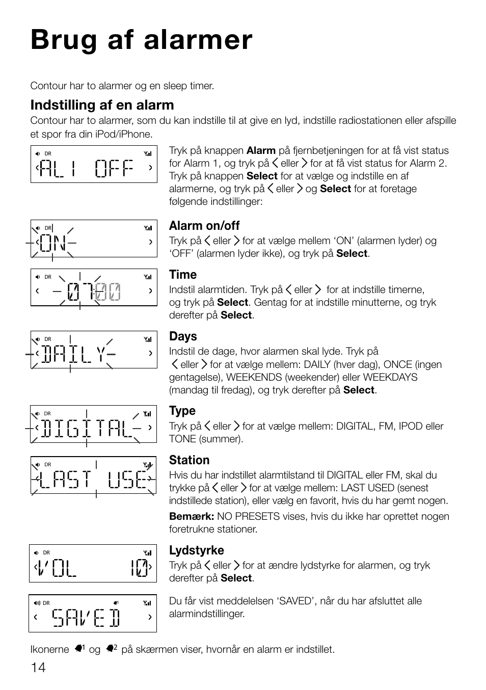 Brug af alarmer, Daily, Saved | Last use, Digital, Indstilling af en alarm | Pure Contour D1 User Manual | Page 96 / 124